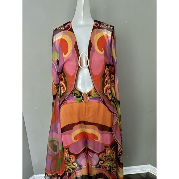 RAISA VANESSA PRINTED CHIFFON JUMPSUIT DEEP NECK AND GOLD BUCKLE - Picture 9 of 15